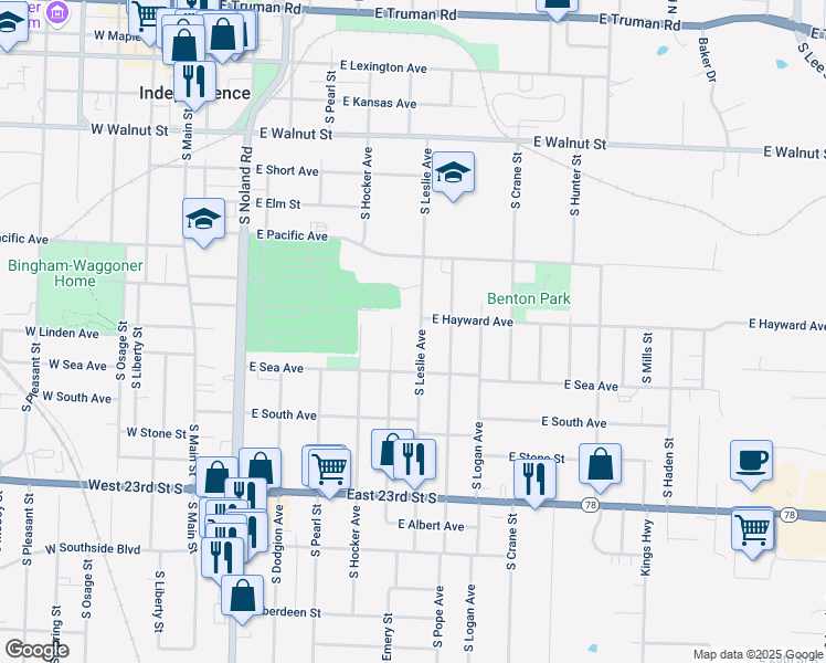 map of restaurants, bars, coffee shops, grocery stores, and more near 804 South Leslie Avenue in Independence