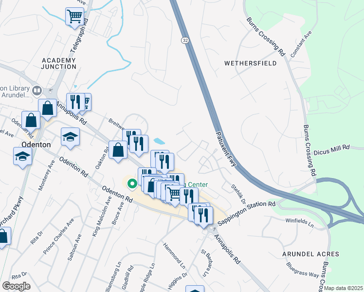 map of restaurants, bars, coffee shops, grocery stores, and more near 616 Lions Gate Lane in Odenton