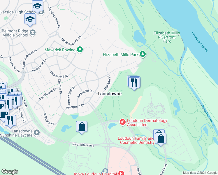 map of restaurants, bars, coffee shops, grocery stores, and more near 19234 Mill Site Place in Leesburg