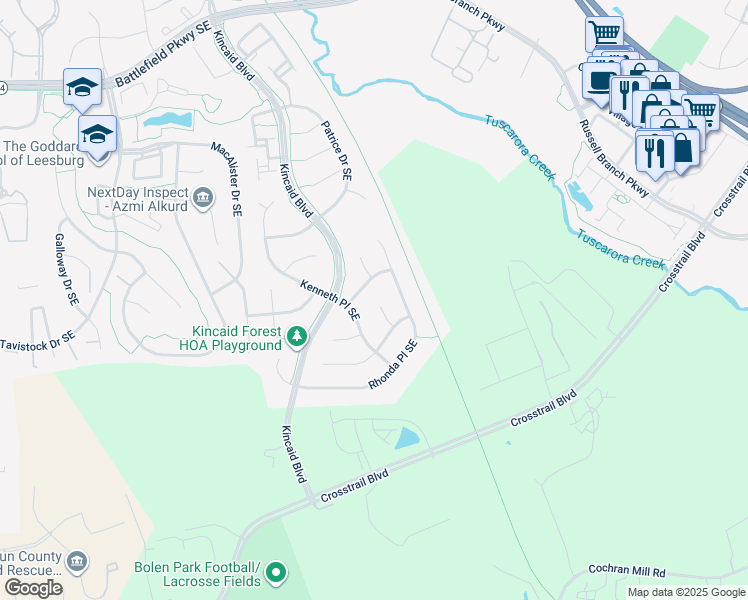 map of restaurants, bars, coffee shops, grocery stores, and more near 839 Hawks Run Court Southeast in Leesburg