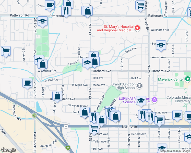 map of restaurants, bars, coffee shops, grocery stores, and more near 130 Hall Avenue in Grand Junction