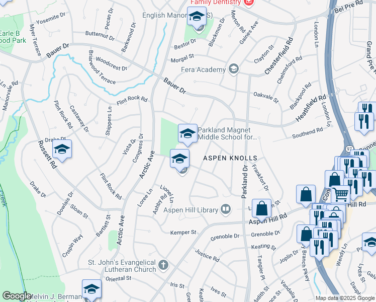 map of restaurants, bars, coffee shops, grocery stores, and more near 4610 West Frankfort Drive in Rockville
