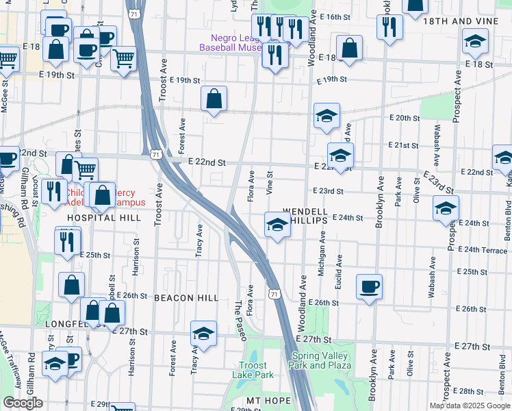 map of restaurants, bars, coffee shops, grocery stores, and more near 2323 Flora Avenue in Kansas City