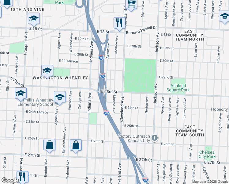 map of restaurants, bars, coffee shops, grocery stores, and more near East 23rd Street & Monroe Avenue in Kansas City