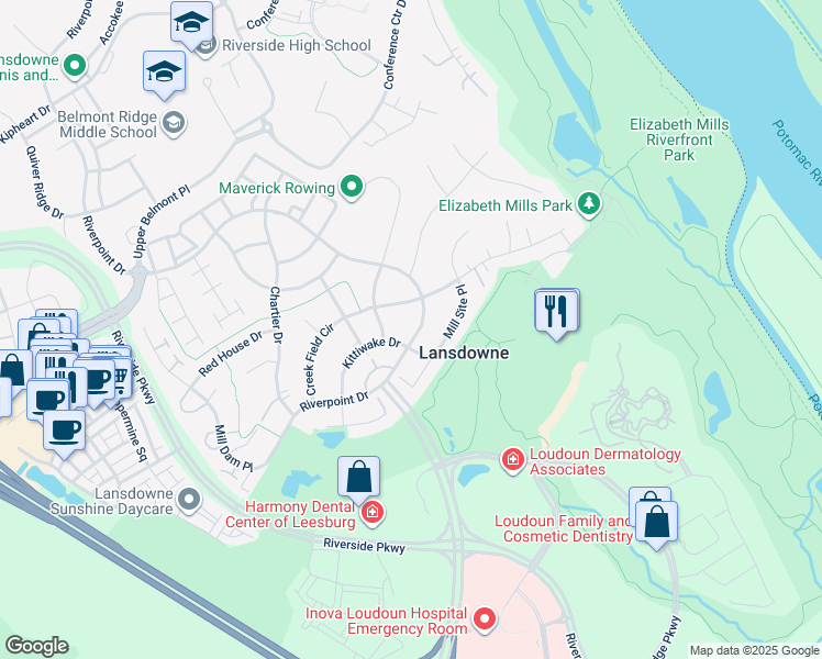 map of restaurants, bars, coffee shops, grocery stores, and more near 43408 Riverpoint Drive in Leesburg