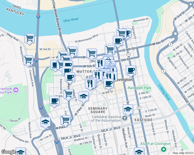 map of restaurants, bars, coffee shops, grocery stores, and more near 121 West 6th Street in Covington