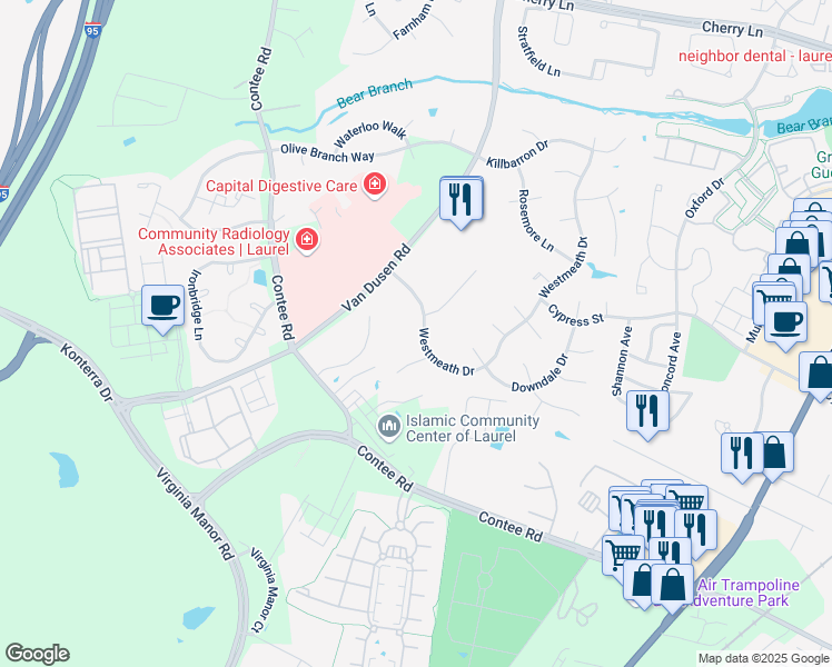 map of restaurants, bars, coffee shops, grocery stores, and more near 14100 Laurel Park Drive in Laurel