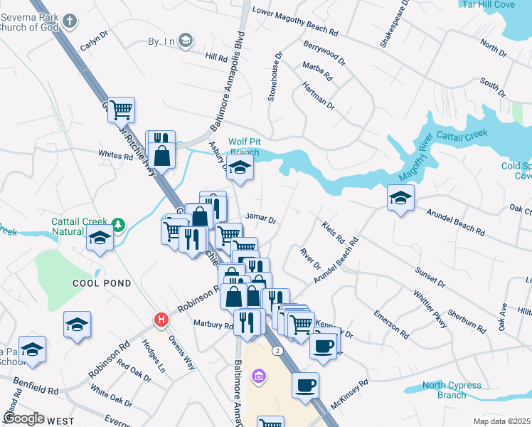 map of restaurants, bars, coffee shops, grocery stores, and more near 51 Marnel Drive in Severna Park