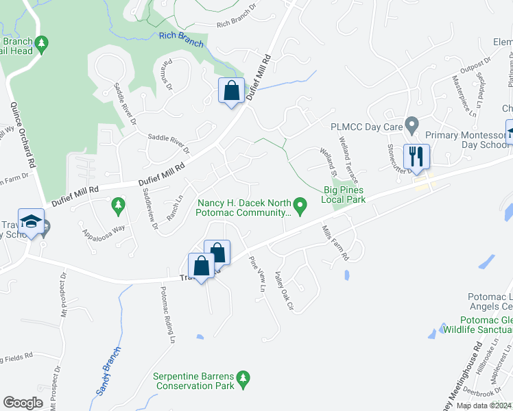 map of restaurants, bars, coffee shops, grocery stores, and more near 13843 Grey Colt Drive in North Potomac