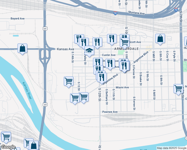 map of restaurants, bars, coffee shops, grocery stores, and more near 1221 Osage Avenue in Kansas City