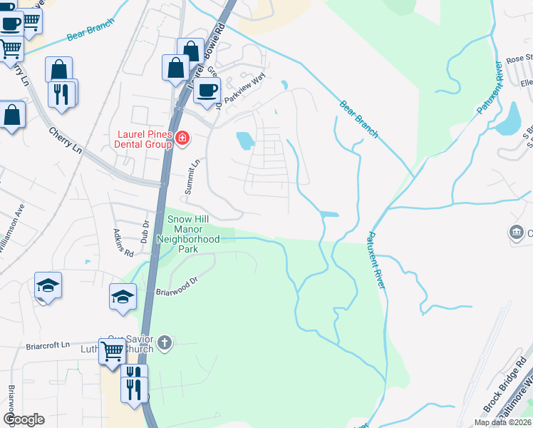 map of restaurants, bars, coffee shops, grocery stores, and more near 14103 Greenview Drive in Laurel