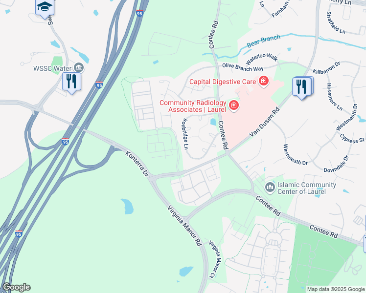 map of restaurants, bars, coffee shops, grocery stores, and more near 6915 Ironbridge Lane in Laurel