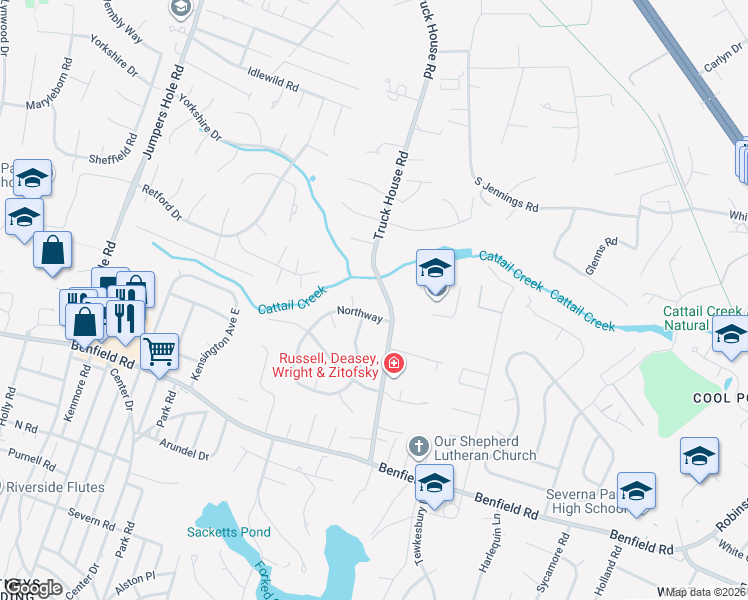 map of restaurants, bars, coffee shops, grocery stores, and more near 45 Truck House Road in Severna Park