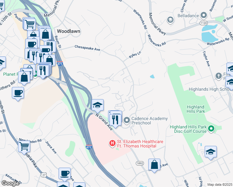 map of restaurants, bars, coffee shops, grocery stores, and more near 260 Little Round Top Road in Fort Thomas