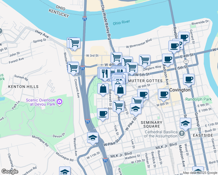 map of restaurants, bars, coffee shops, grocery stores, and more near 503 West 6th Street in Covington