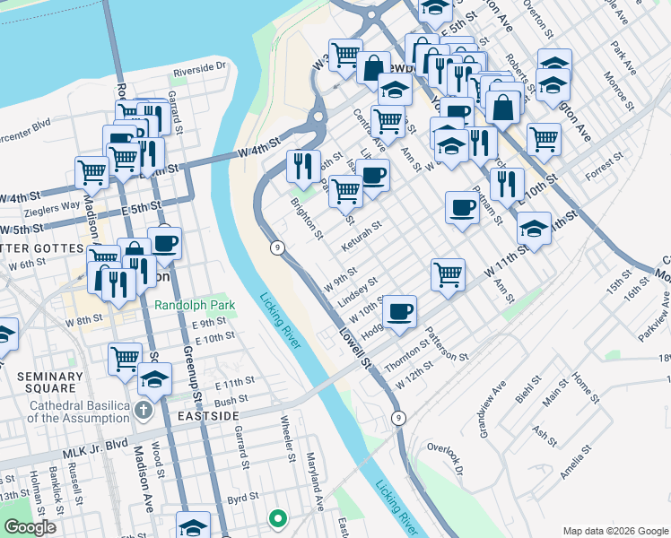 map of restaurants, bars, coffee shops, grocery stores, and more near 515 West 9th Street in Newport