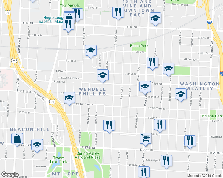 map of restaurants, bars, coffee shops, grocery stores, and more near 2312 Brooklyn Avenue in Kansas City