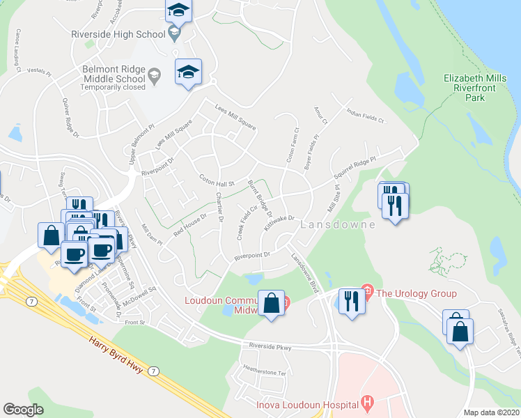 map of restaurants, bars, coffee shops, grocery stores, and more near 19252 Creek Field Circle in Leesburg