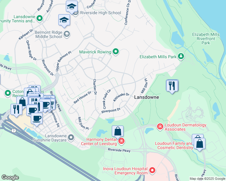 map of restaurants, bars, coffee shops, grocery stores, and more near 19252 Creek Field Circle in Leesburg