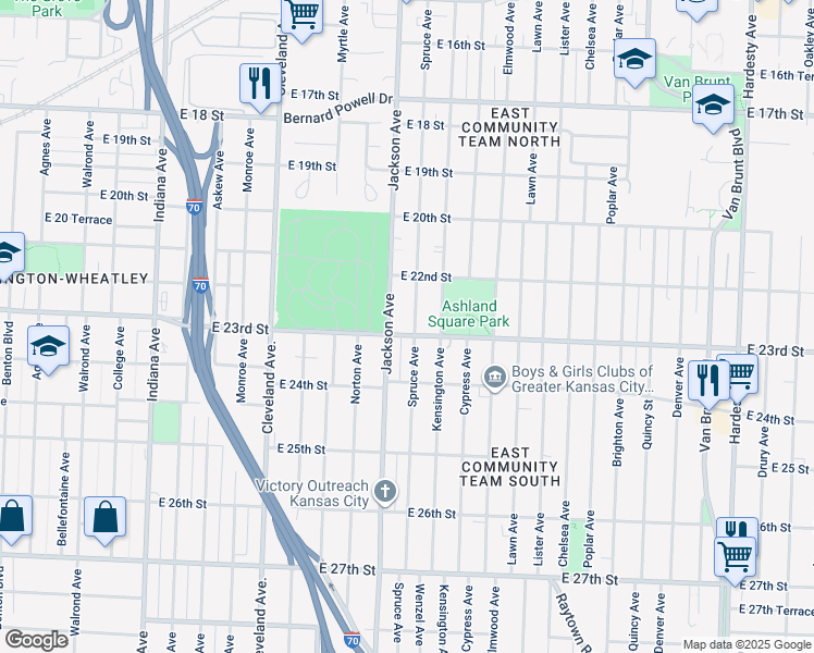 map of restaurants, bars, coffee shops, grocery stores, and more near 2254 Spruce Ave in Kansas City