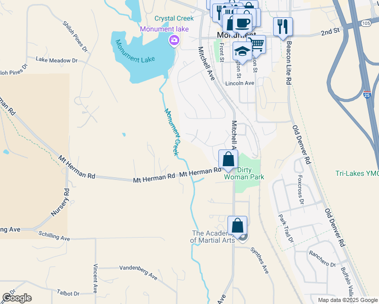map of restaurants, bars, coffee shops, grocery stores, and more near West View Drive in Monument