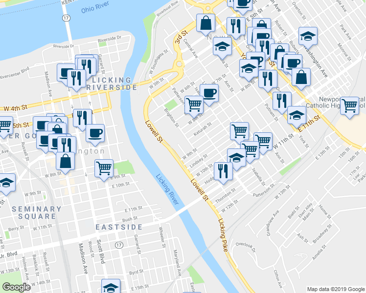 map of restaurants, bars, coffee shops, grocery stores, and more near 515 West 9th Street in Newport