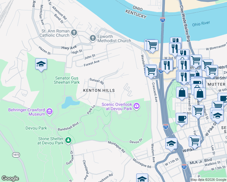 map of restaurants, bars, coffee shops, grocery stores, and more near 990 Edgehill Road in Covington