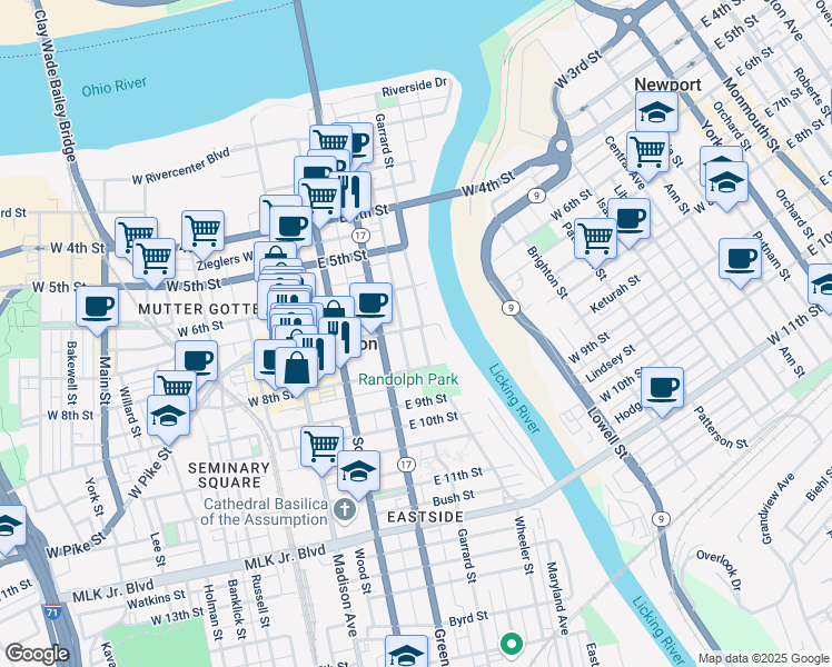 map of restaurants, bars, coffee shops, grocery stores, and more near 703 Garrard Street in Covington
