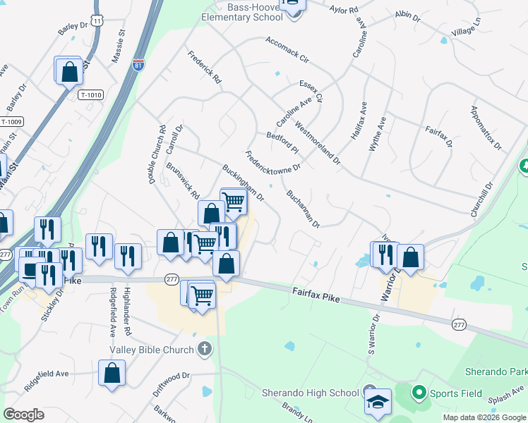 map of restaurants, bars, coffee shops, grocery stores, and more near 301 Nottoway Drive in Stephens City