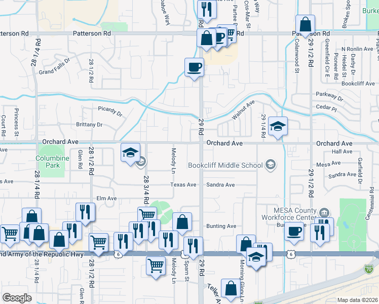 map of restaurants, bars, coffee shops, grocery stores, and more near 546 Sparn Street in Grand Junction