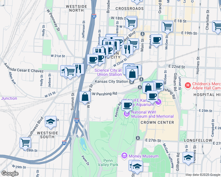 map of restaurants, bars, coffee shops, grocery stores, and more near 300 West Pershing Road in Kansas City