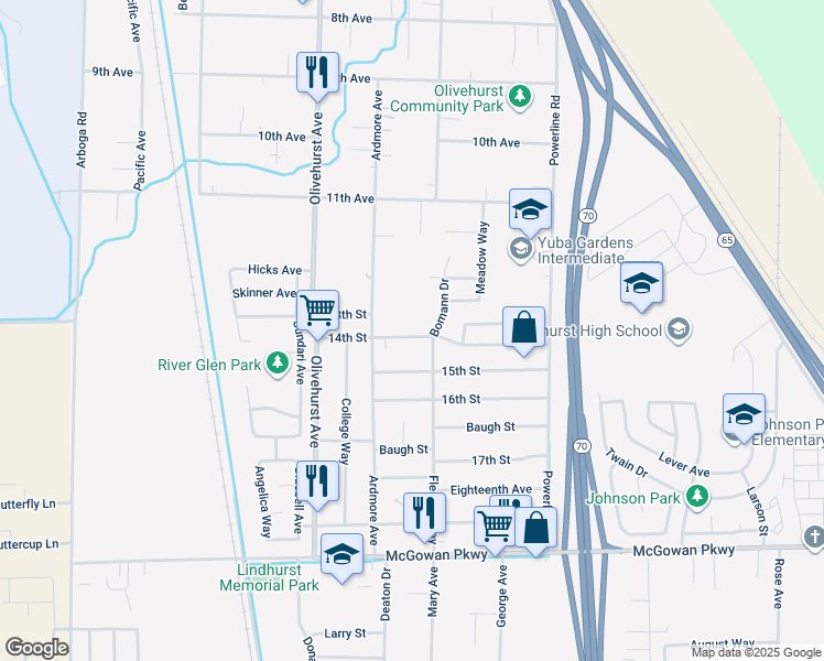 map of restaurants, bars, coffee shops, grocery stores, and more near 1855 14th Street in Olivehurst