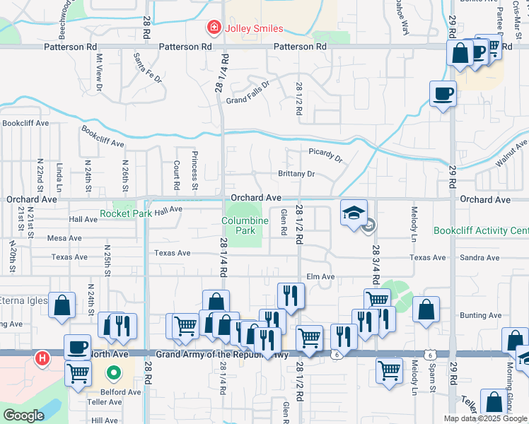 map of restaurants, bars, coffee shops, grocery stores, and more near 549 Willow Road in Grand Junction