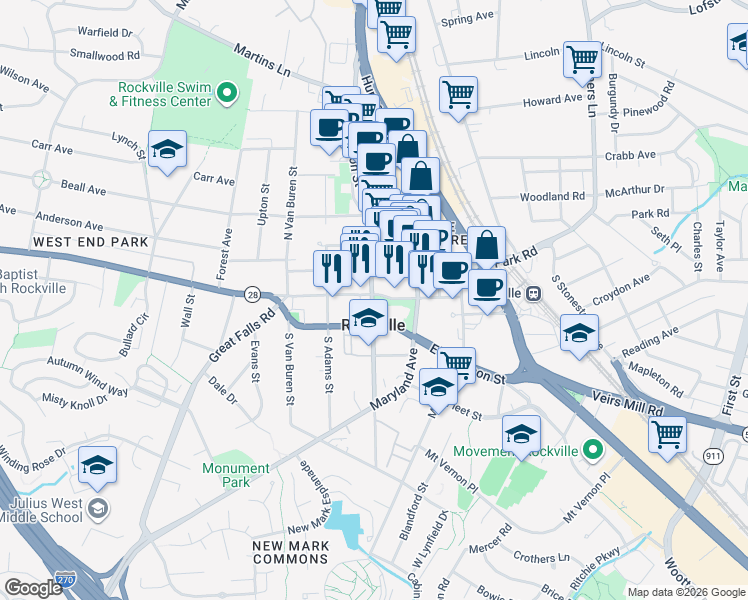 map of restaurants, bars, coffee shops, grocery stores, and more near 208 Monroe Street in Rockville