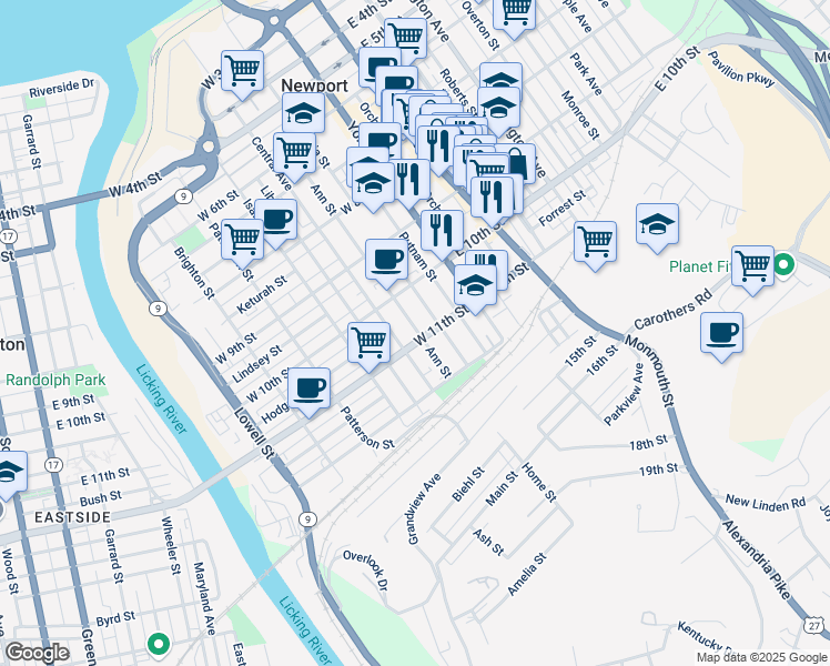 map of restaurants, bars, coffee shops, grocery stores, and more near 1040 Ann Street in Newport