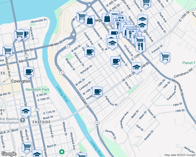 map of restaurants, bars, coffee shops, grocery stores, and more near 337 Lindsey Street in Newport