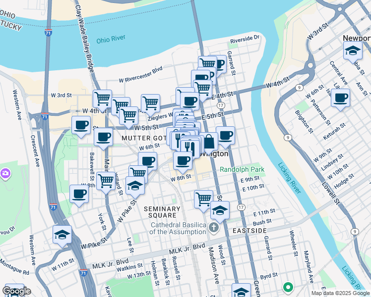 map of restaurants, bars, coffee shops, grocery stores, and more near 29 East Pike Street in Covington