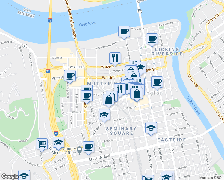 map of restaurants, bars, coffee shops, grocery stores, and more near 121 West 6th Street in Covington
