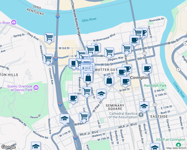 map of restaurants, bars, coffee shops, grocery stores, and more near 303 West 6th Street in Covington