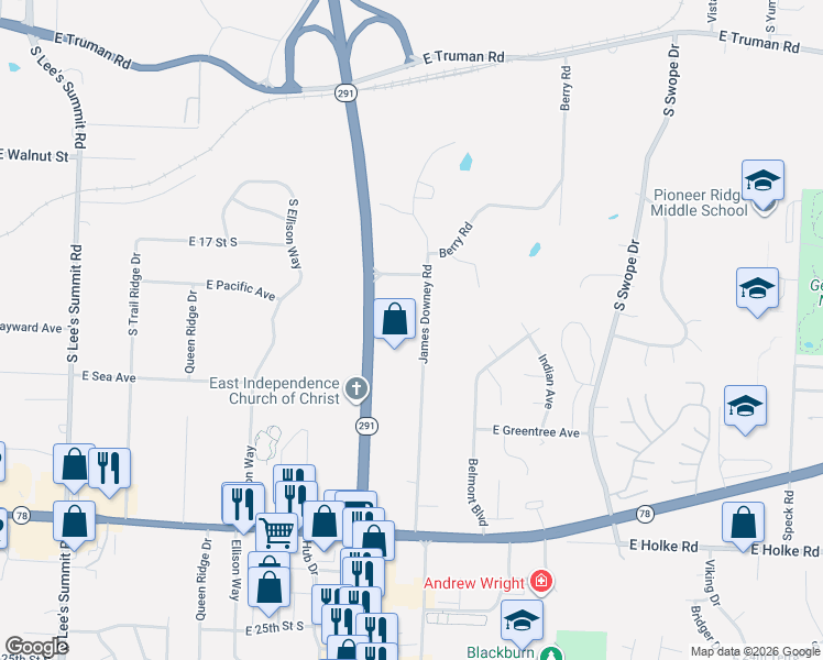 map of restaurants, bars, coffee shops, grocery stores, and more near 1916 James Downey Road in Independence