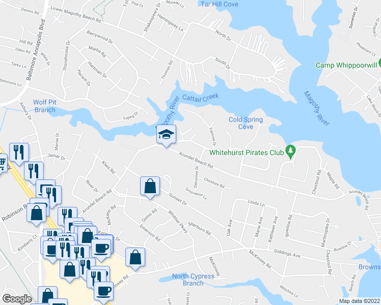 map of restaurants, bars, coffee shops, grocery stores, and more near 214 Arundel Beach Road in Severna Park