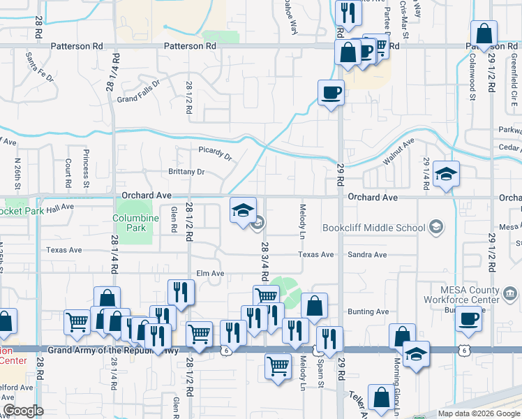 map of restaurants, bars, coffee shops, grocery stores, and more near 547 1/2 28 3/4 Road in Grand Junction