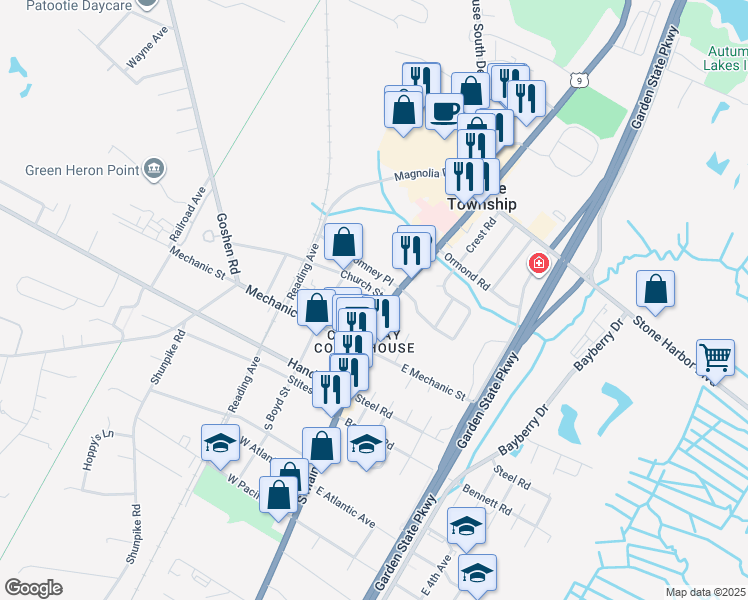 map of restaurants, bars, coffee shops, grocery stores, and more near 10 North Boyd Street in Middle Township