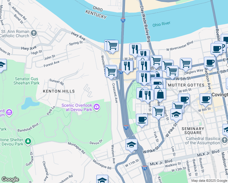 map of restaurants, bars, coffee shops, grocery stores, and more near 605 Crescent Avenue in Covington