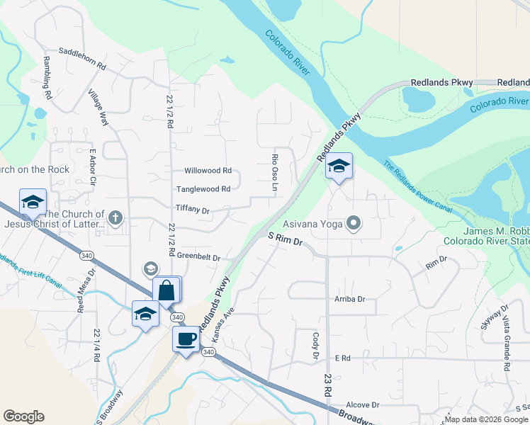map of restaurants, bars, coffee shops, grocery stores, and more near 545 El Rio Court in Grand Junction