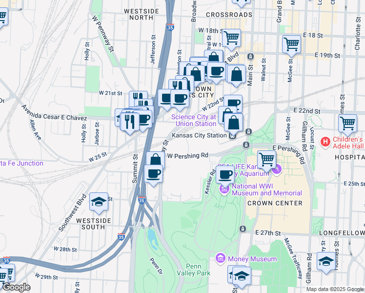 map of restaurants, bars, coffee shops, grocery stores, and more near 400 West Pershing Road in Kansas City