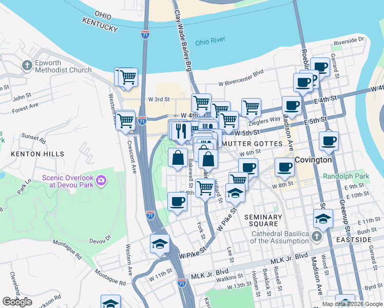 map of restaurants, bars, coffee shops, grocery stores, and more near 503 West 6th Street in Covington