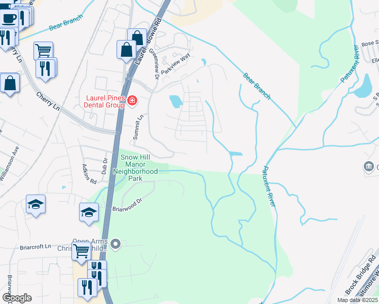 map of restaurants, bars, coffee shops, grocery stores, and more near 14105 Greenview Drive in Laurel