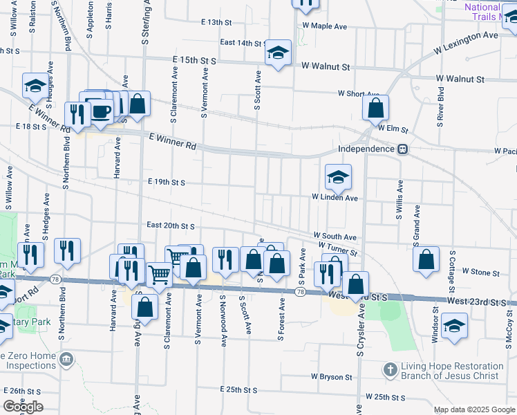 map of restaurants, bars, coffee shops, grocery stores, and more near 1915 South Scott Avenue in Independence