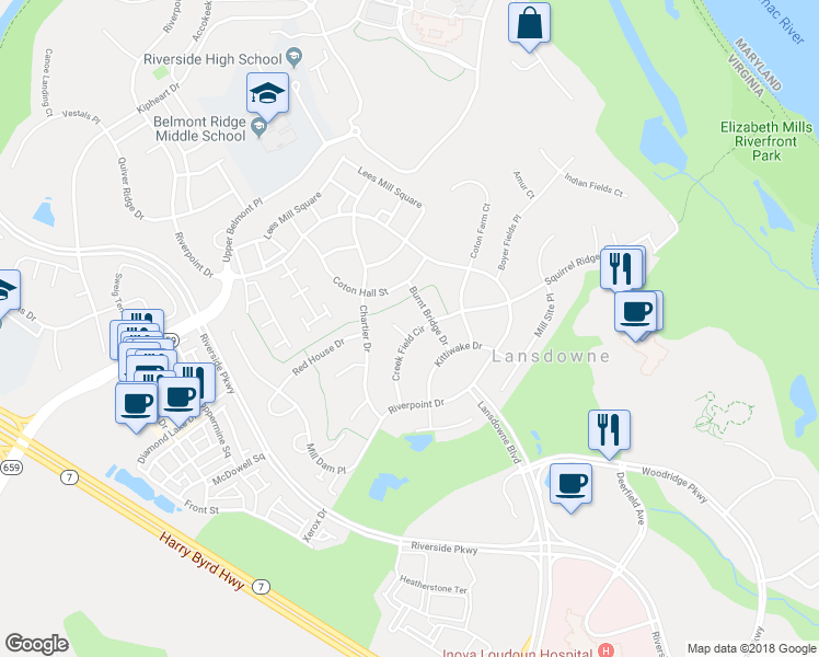 map of restaurants, bars, coffee shops, grocery stores, and more near 19234 Gooseview Court in Leesburg